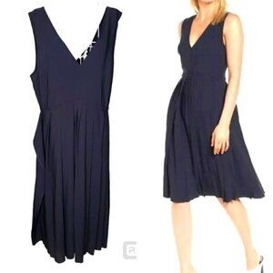 Lewit Sleeveless Navy Night Pleated Fit & Flare V Neck Dress Size 14